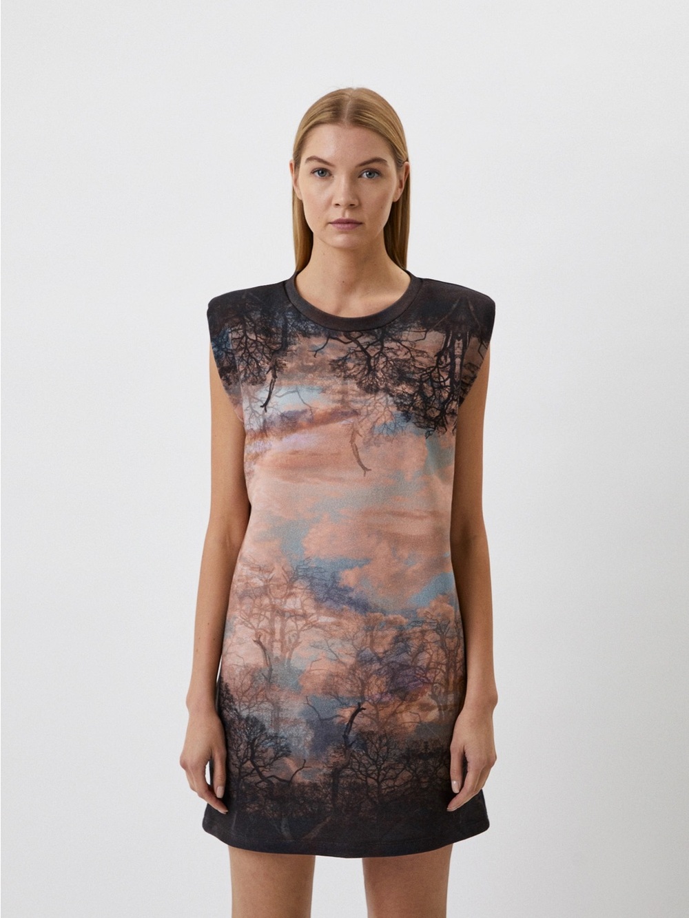 AllSaints Tree-Print Sweatshirt Dress in Black and Tan with Shoulderpads